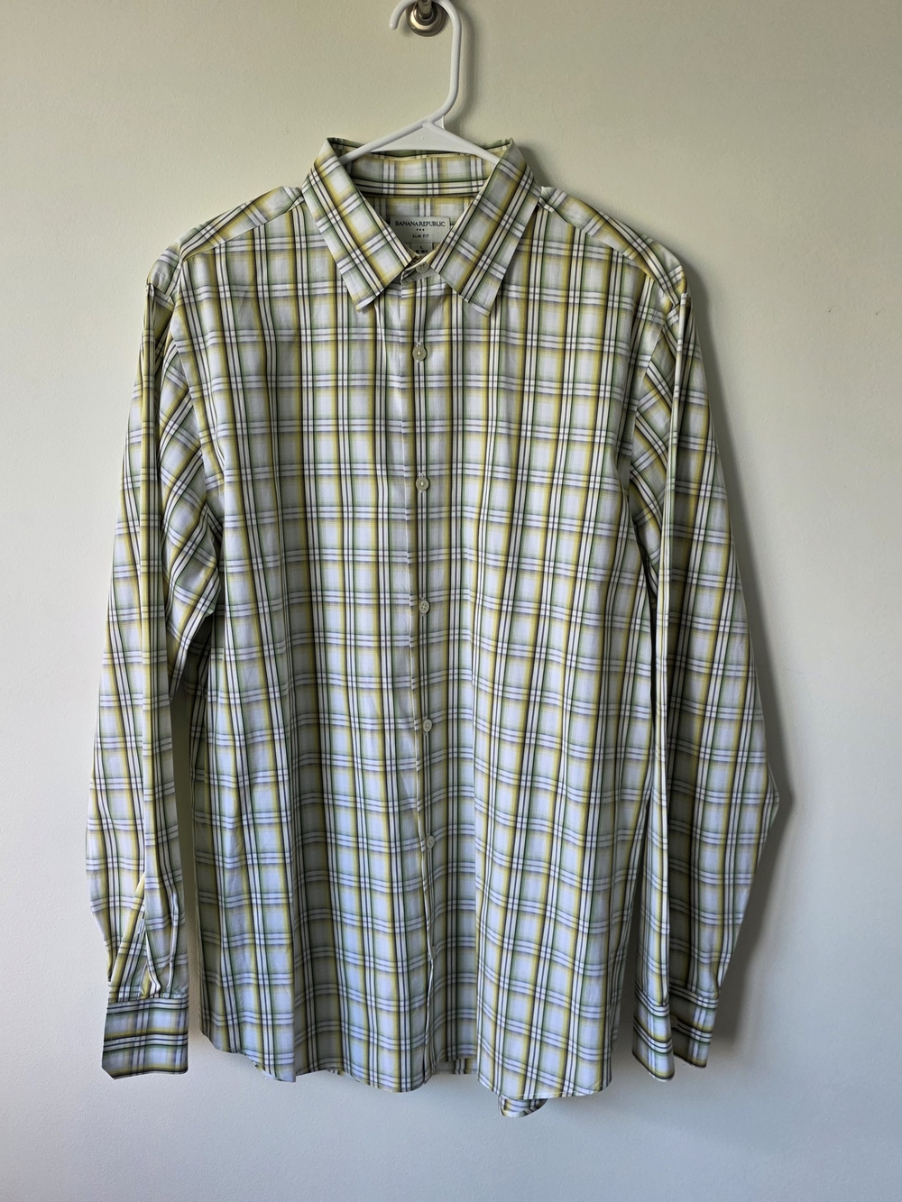 Banana Republic Men’s L Slim Fit 100% Cotton Plaid Button Up Shirt Green Yellow